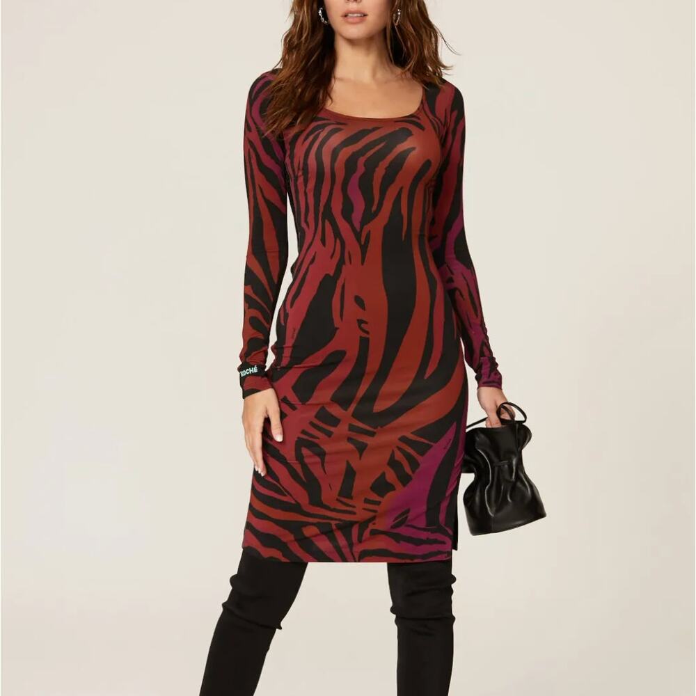 Koche Zebra Bodycon Midi Dress XS Mesh Faux Leather Slit Career Designer $785